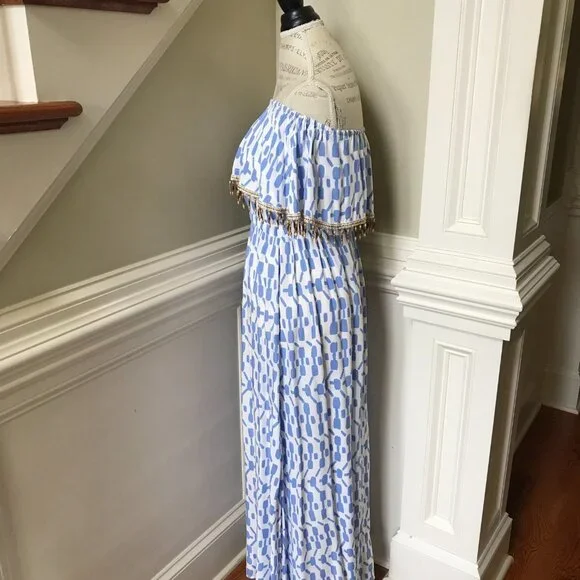 Skemo Beaded Maxi Dress Womens Small Blue White Sleeveless Tube Cover Up Ruffle - Picture 9 of 12